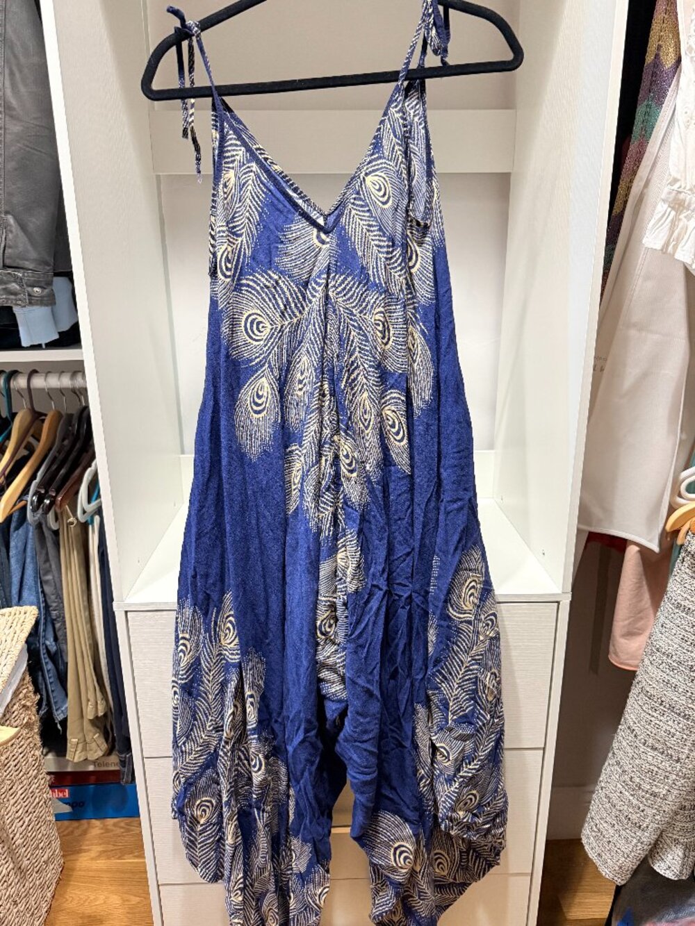 Navy Blue Peacock Print Harem Jumpsuit / Romper- One Size